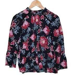 Loft Women's Floral/Polka Dot Print Pleated Long Sleeve Blouse size XS Black/Red